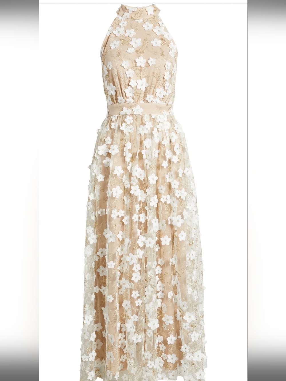CHELSEA28 3D FLORAL WHITE & GOLD HALTER MAXI DRESS SZ XS